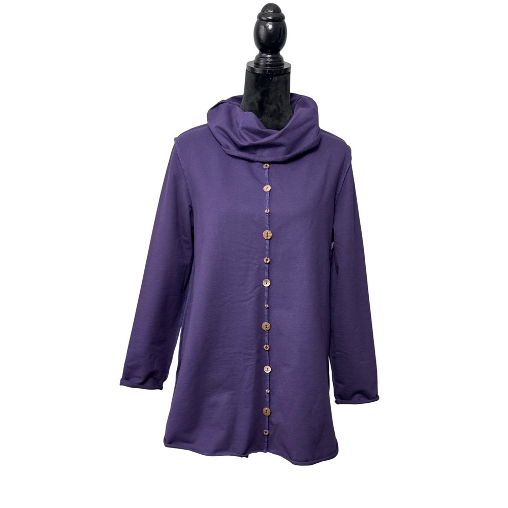 Neon Buddha Tunic Women L Purple Cowl Neck Button Front Long Sleeve Cotton Blend